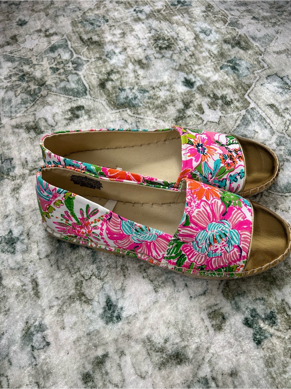 Lilly Pulitzer Pink Floral Espadrille Flats with Green & Orange Accents - Picture 3 of 7